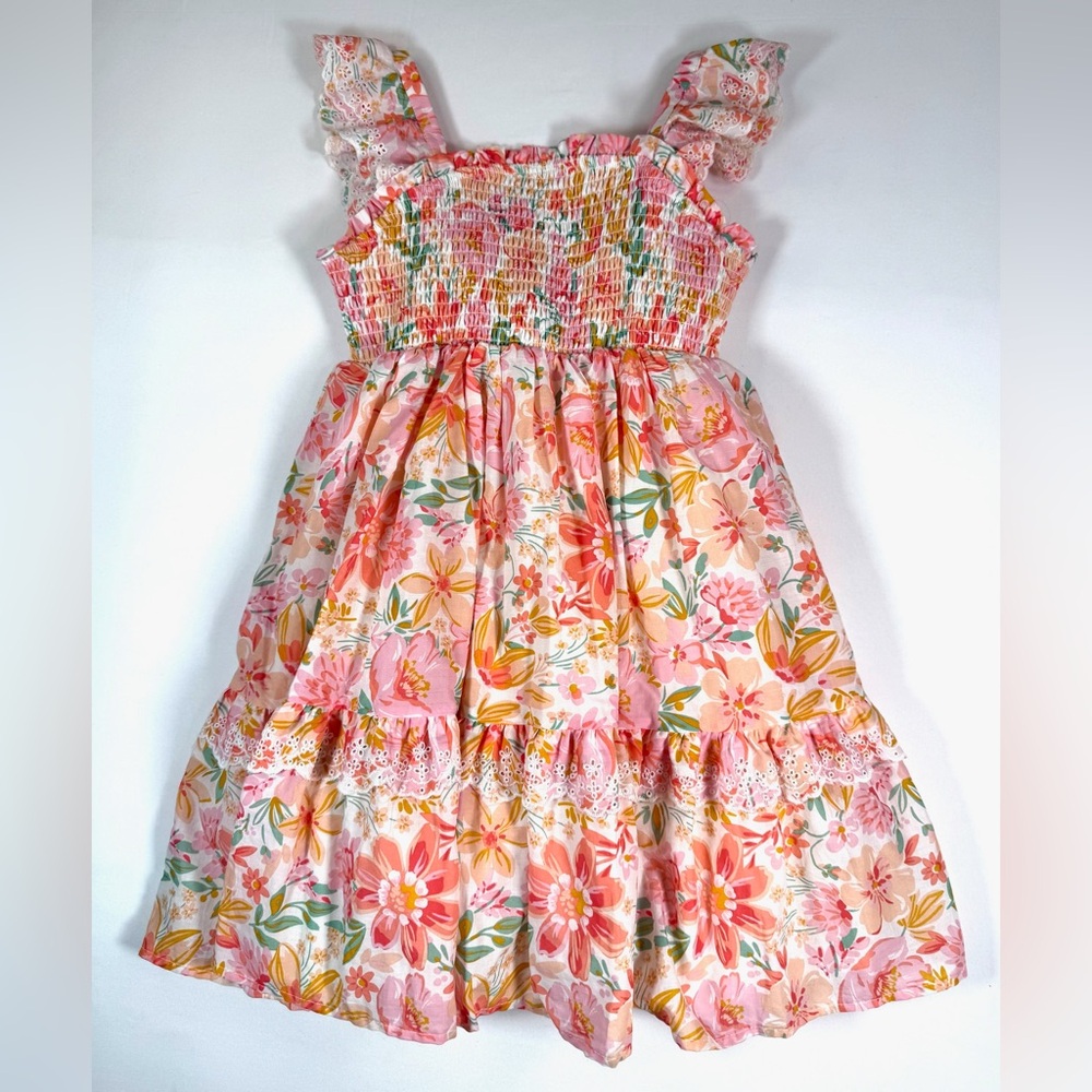 HAUTE HIPPIE Girls Floral Smocked Dress Size 8 Cottagecore Boho Ruffle Summer